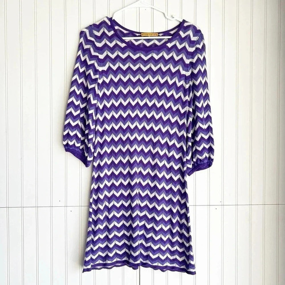 Alice + Olivia Size S Purple and white Chevron Striped A line Knit Sweater Dress - Picture 2 of 6